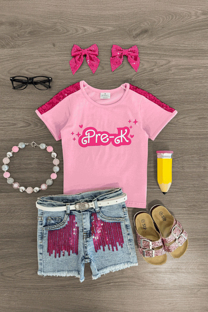 "Pre-K - Sixth Grade" Pink Denim Short Set - PRE-K / XS-2T - Girls' pink short-sleeve top with "Pre-K" text and sequin shoulder stripes paired with denim shorts featuring pink sequin.