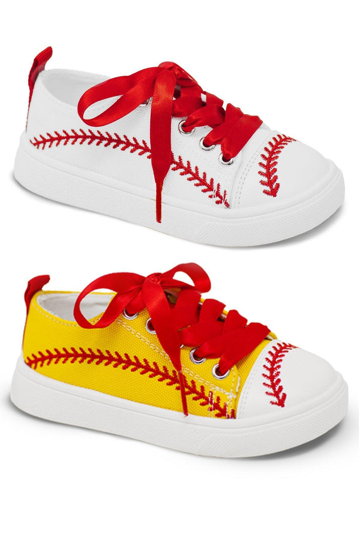 Sports Sneakers - Baseball / KIDS-5T - White and yellow kids' sneakers with red baseball stitch design and red laces.