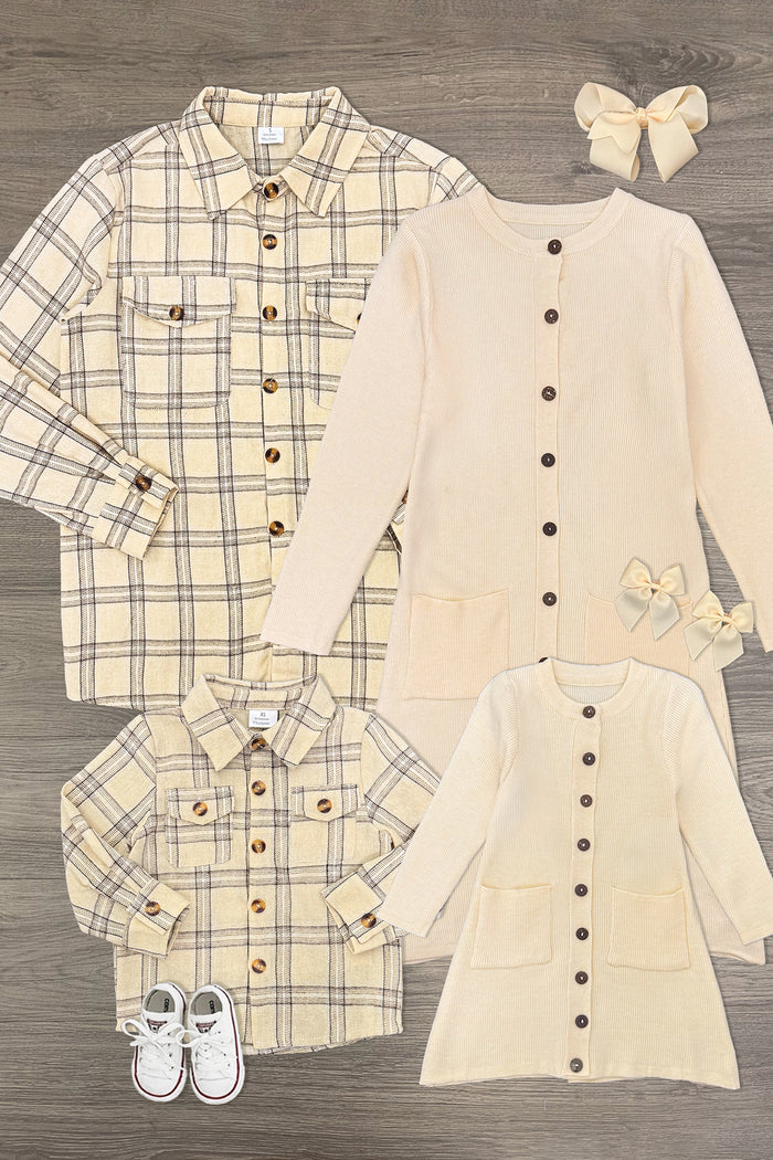 Family Sweater Dress & Button Down Flannel - GIRL-6-12 Months-FAMILY - Cream plaid button-down flannel shirt with matching cream knit sweater dresses and a cream bow headband set.