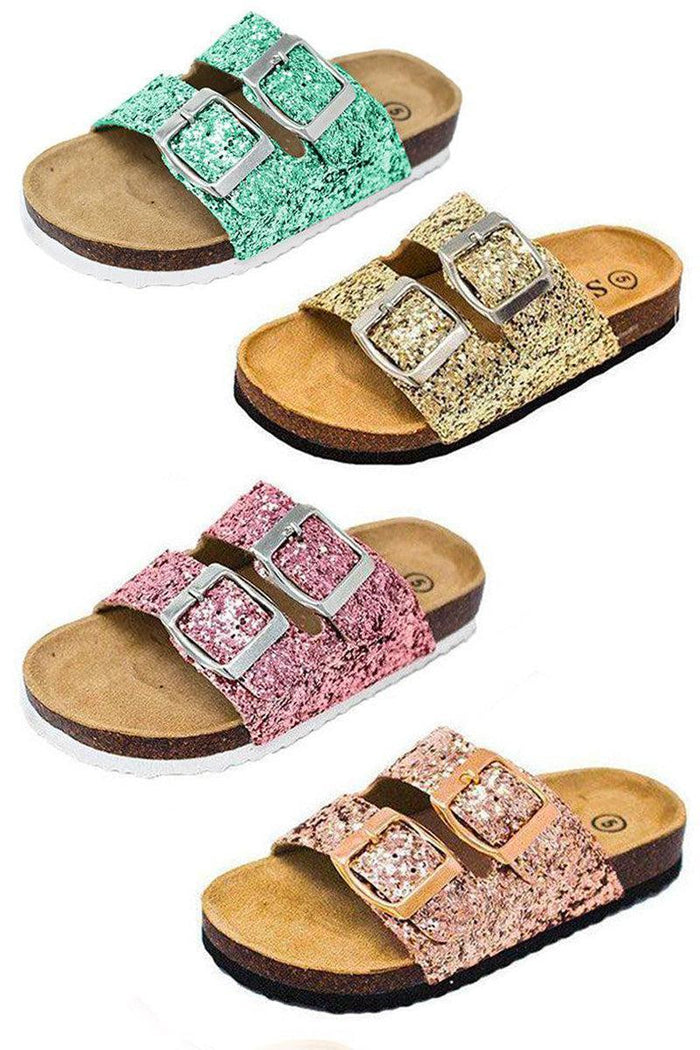 Birkley Glitter Sandals - Mint / KIDS-5T - Three kids' sandals in mint, gold, and rose gold glitter with double buckle straps and cork footbeds.