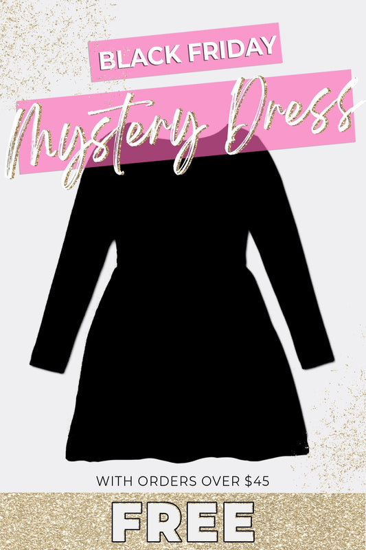 Free Mystery Dress - Black Friday - 3XS-6-12 Months - Black long-sleeve dress with a fitted waist and flared skirt on a neutral background.