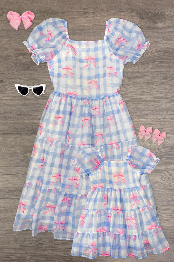 Blue Gingham Bow Dress | Matching Mom & Me Clothing Sparkle In Pink Blue Gingham Bow Dress | Matching Mom & Me Clothing Sparkle In Pink