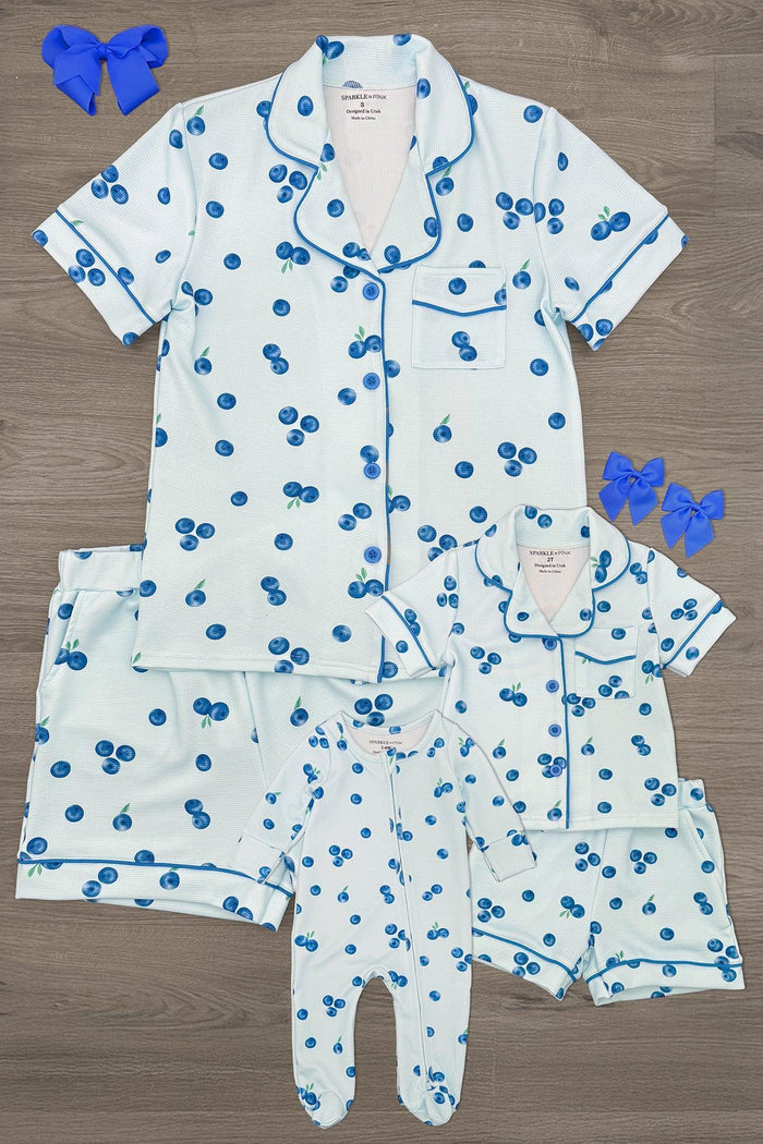 Mom & Me - Blueberry Waffle Knit Pajamas - BABY-Newborn - Blueberry print waffle knit short-sleeve pajamas with navy trim, featuring shorts, a short-sleeve top, and a footed sleeper.