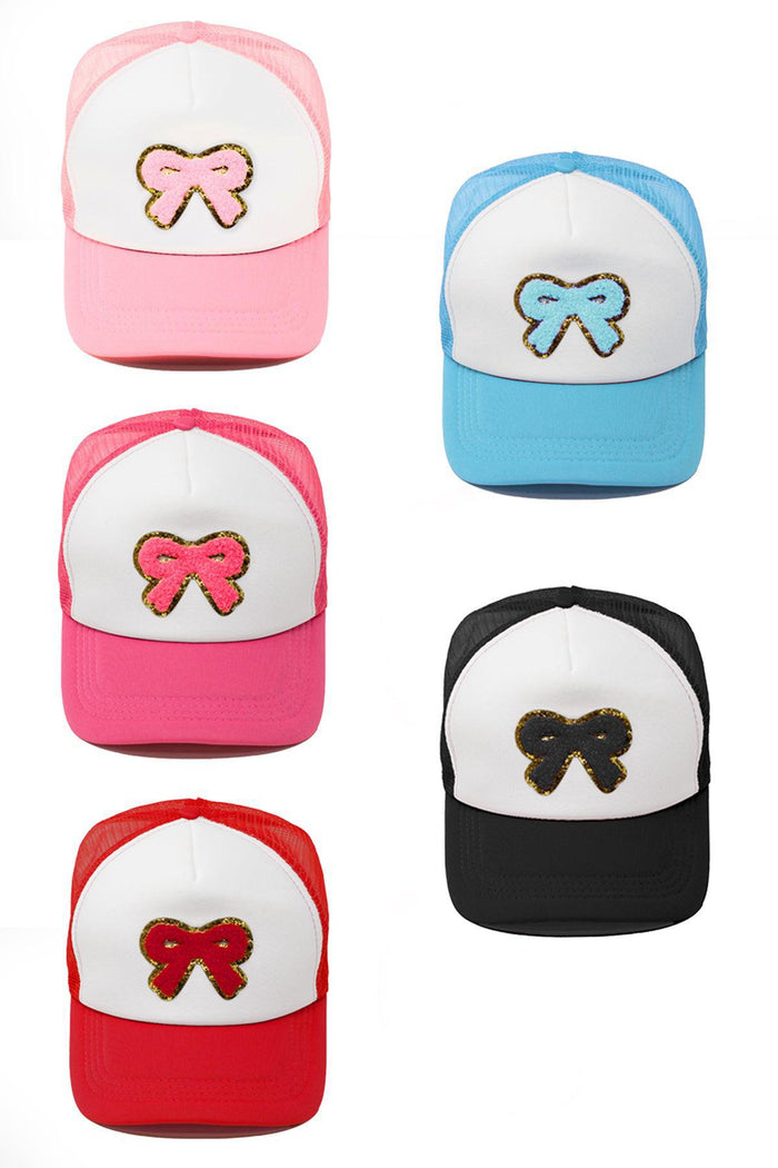 Mom & Me - Bow Trucker Hat - Child / Pink - Pink, blue, hot pink, red, and black.