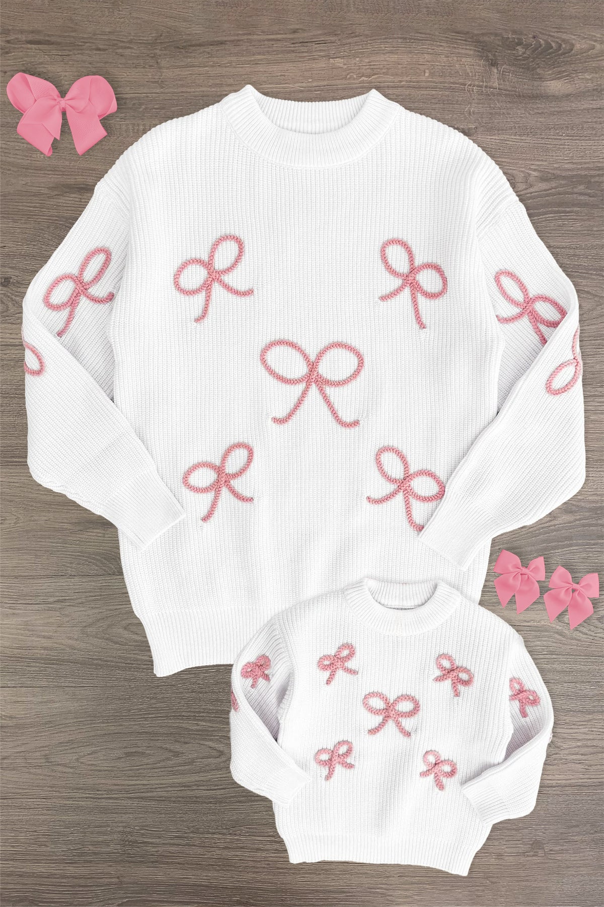 Mom & Me - White & Pink Bow Knit Sweater | Sparkle in Pink