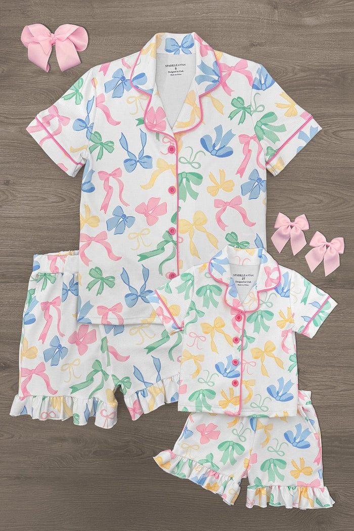 Mom & Me - Pastel Bow Waffle Knit Pajamas - CHILD-6-12 Months - White waffle knit pajama sets with colorful pastel balloon animal prints, short sleeves and shorts, pink piping, paired with .