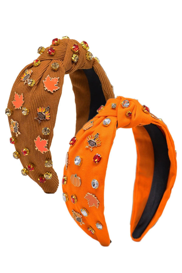 Thanksgiving Gemstone Headband - Brown - Two padded headbands, one brown and one bright orange, adorned with metallic studs and autumn leaf charms.