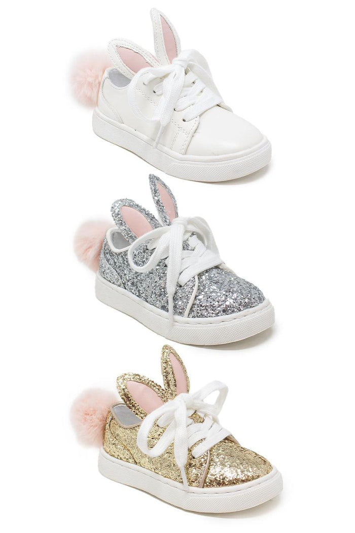 The Bunny Sneakers - White / KIDS-5T - Kids' white sneakers with pink bunny ears and pom-pom tail, glitter silver sneakers with bunny ears, gold glitter bunny ear.