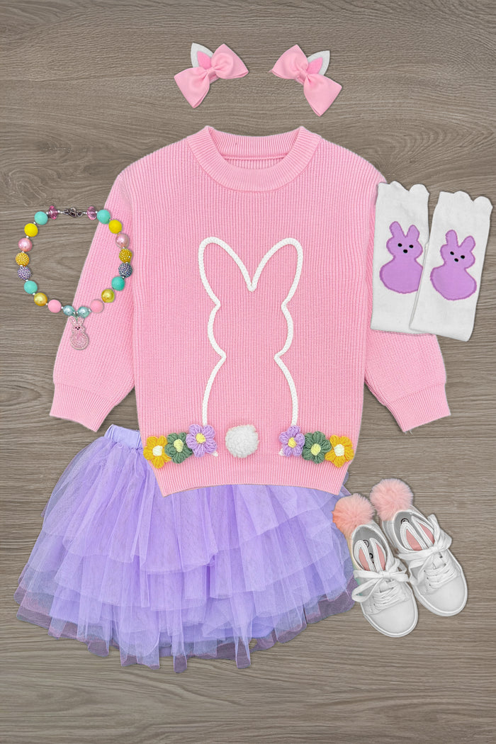 Knit Bunny Sweater Tutu Skirt Set - 6-12 Months - Pink knit sweater with white bunny silhouette and pom-pom details, purple tutu skirt, pink bows, bunny socks, and white.