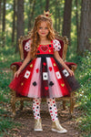 Queen Of Cards Costume - 6-12 Months - Red, white, and black Queen of Cards dress with tulle skirt, heart and card suit motifs, puffed sleeves, matching tights,.