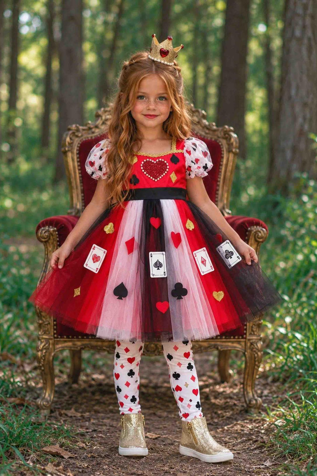 Queen Of Cards Costume - 6-12 Months - Red, white, and black Queen of Cards dress with tulle skirt, heart and card suit motifs, puffed sleeves, matching tights,.