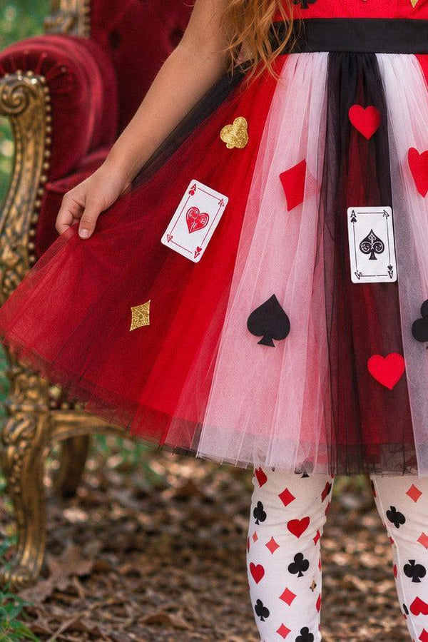 Queen Of Cards Costume - 6-12 Months - Tulle skirt in red, white, and black with attached playing card and suit symbols, worn with card suit pattern tights.
