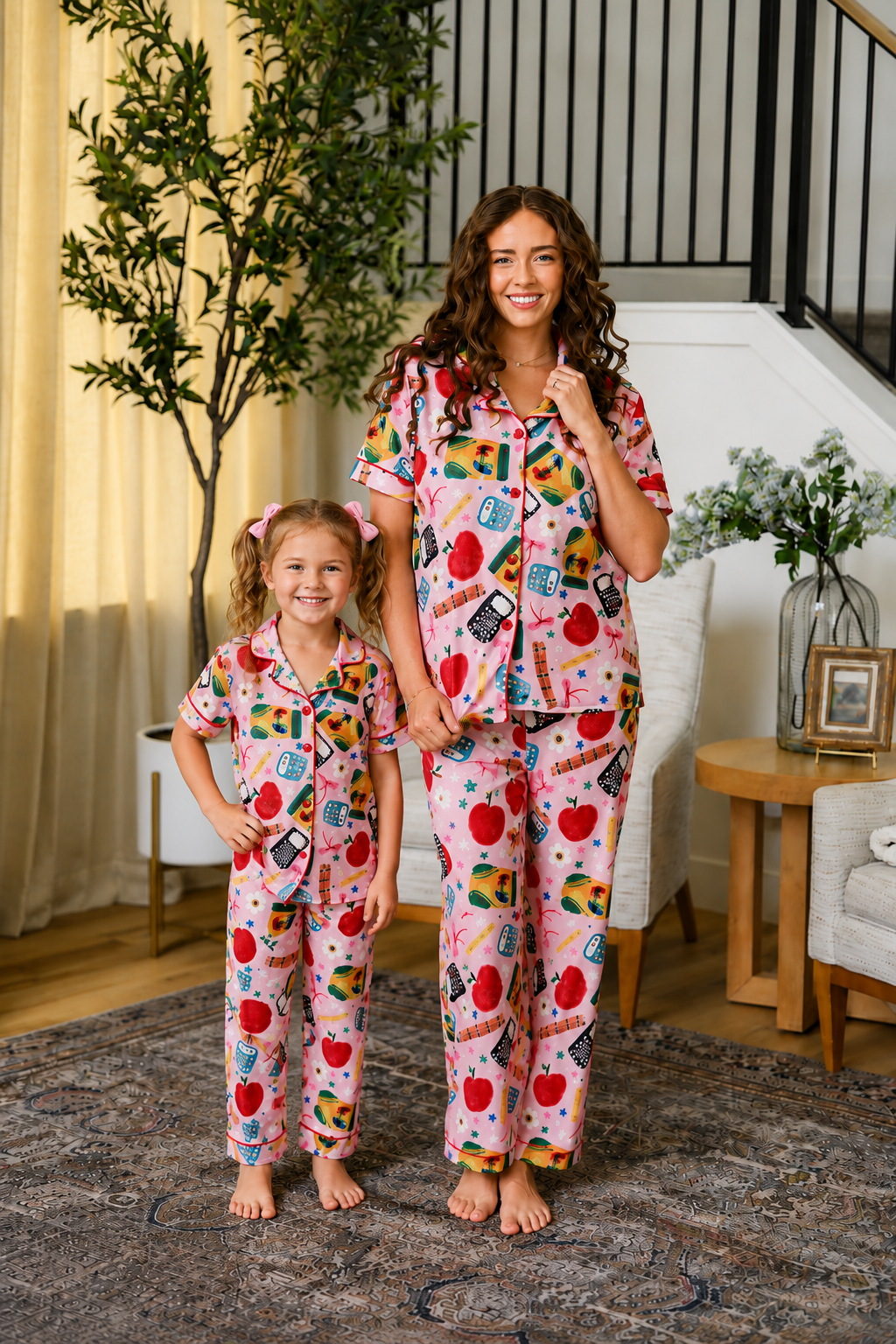 Mom & Me - School Supplies Waffle Knit Pajamas - CHILD-3T - Matching pink waffle knit pajamas with colorful school supplies print, short-sleeve top and long pants for mom and daughter.