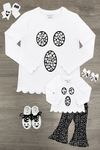 Mom & Me - Rhinestone Ghost Top & Pant Set - CHILD-6-12 Months - White long-sleeve top and matching smaller top with black and white ghost face design, paired with black and white.