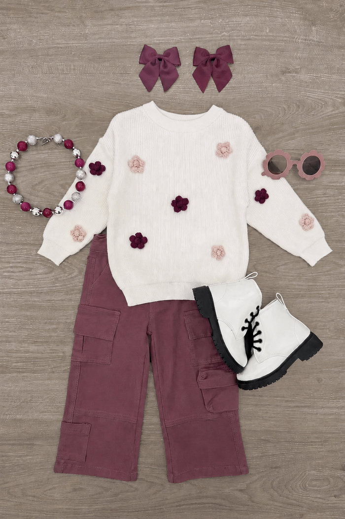 Knit Flower Burgundy Denim Pant Set - 6-12 Months - Burgundy wide-leg denim pants with cargo pockets paired with a white knit sweater adorned with burgundy and pink flower.