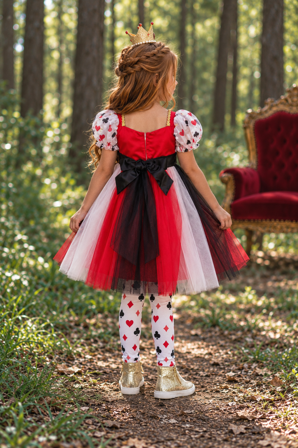 Queen Of Cards Costume - 6-12 Months - Red, white, and black tulle dress with puff sleeves and heart pattern leggings, gold shoes, black bow back ribbon.