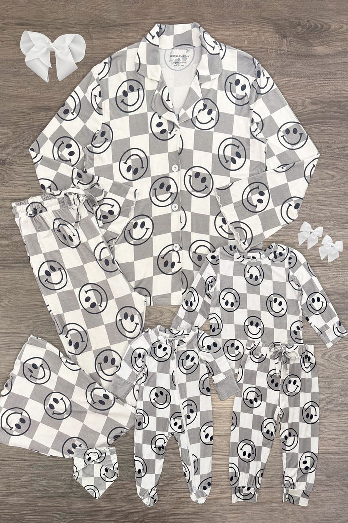 Mom & Me - Bamboo Smiley Days Pajamas - BABY-Newborn - Gray bamboo pajamas with checkered smiley face print, includes adult, child, and baby sizes plus matching headband and socks.