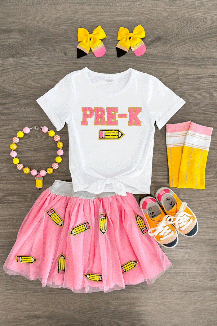 "Pre-K - 6th Grade" Pink Pencil Tutu Skirt Set - PRE-K / 2T - White short-sleeve tee with pink "PRE-K" and yellow pencil graphic, pink tutu skirt with pencil prints, yellow and pink knee .