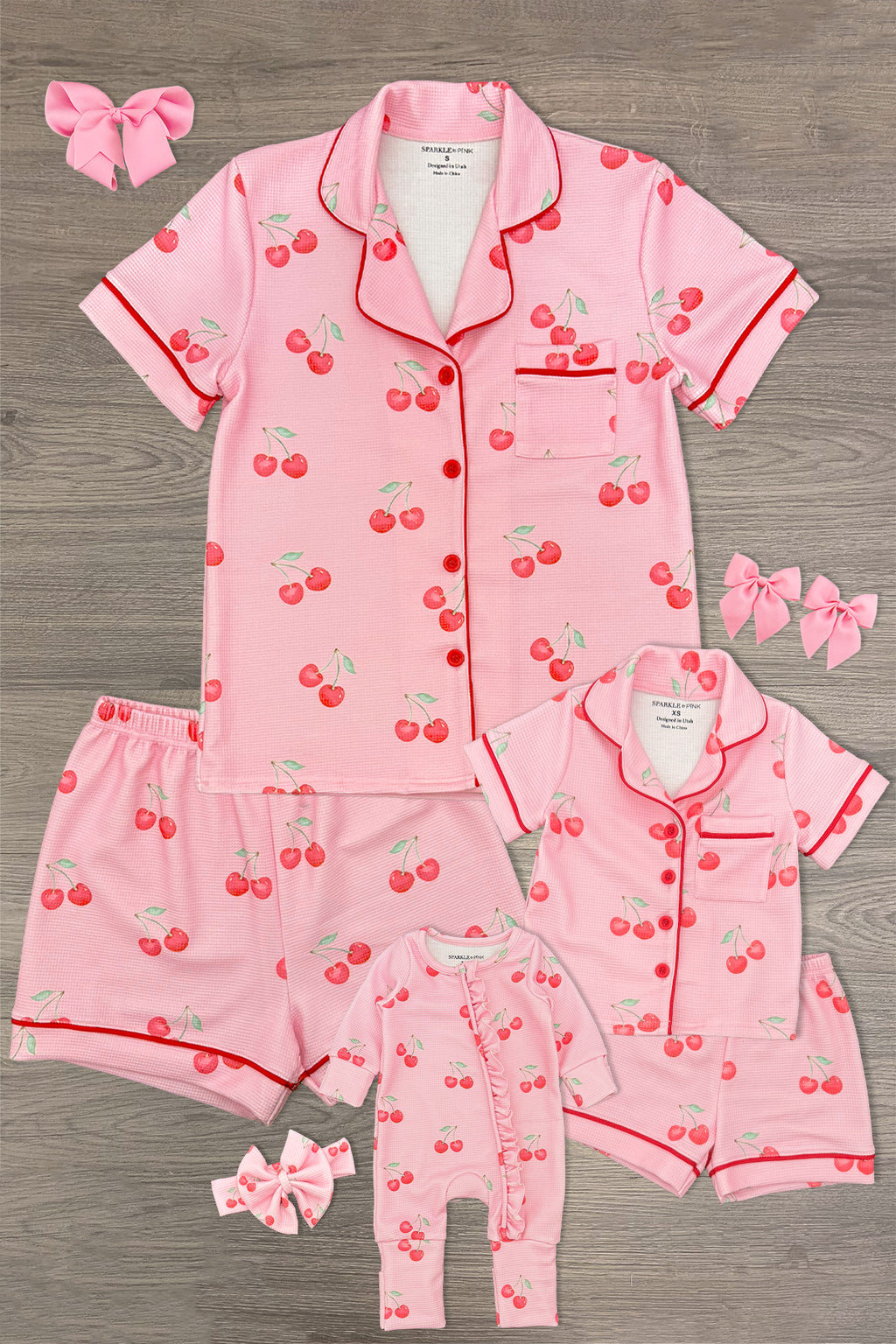 Mom & Me - Pink Cherry Waffle Knit Pajamas