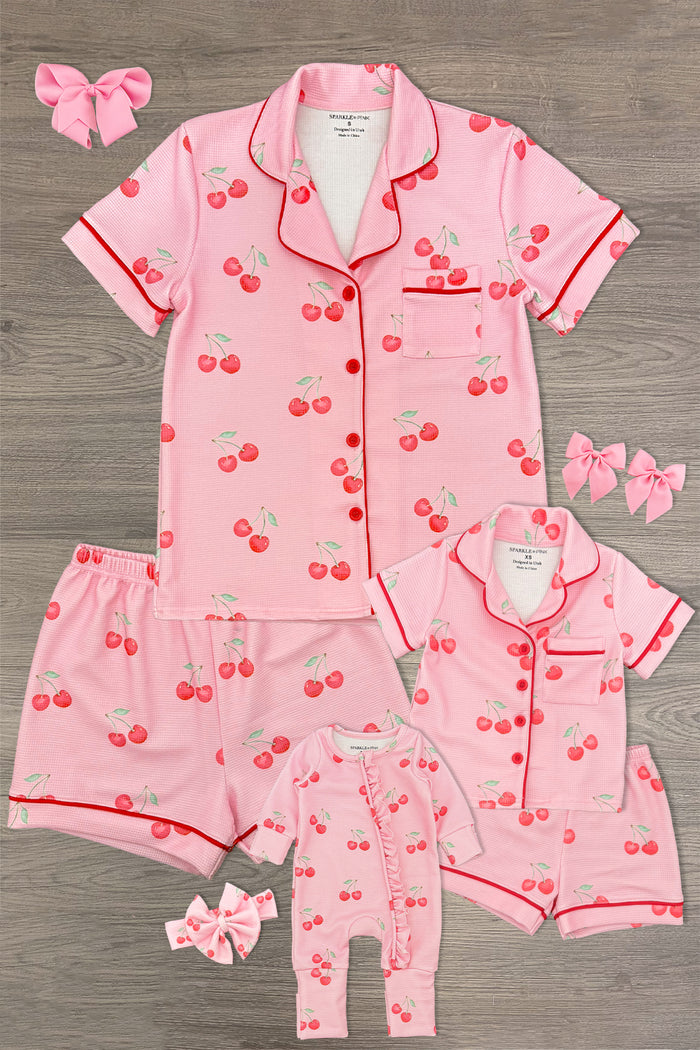 Mom & Me - Pink Cherry Waffle Knit Pajamas - Baby / Newborn - Pink waffle knit pajamas with cherry print, red piping, matching shorts, and coordinating pink bows.