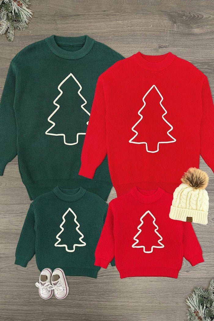 Family Christmas Tree Sweaters - GIRL-3XS-6-12 Months-FAMILY - Green and red Christmas sweaters with white outlined tree designs in adult and child sizes on wood floor background.
