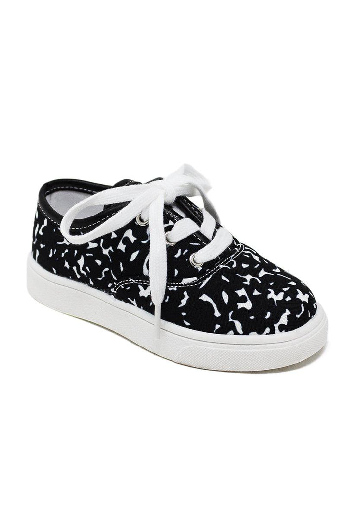 Composition Notebook Sneakers - KIDS-8T - Black canvas sneakers with white laces and white speckled composition notebook print, white rubber sole.