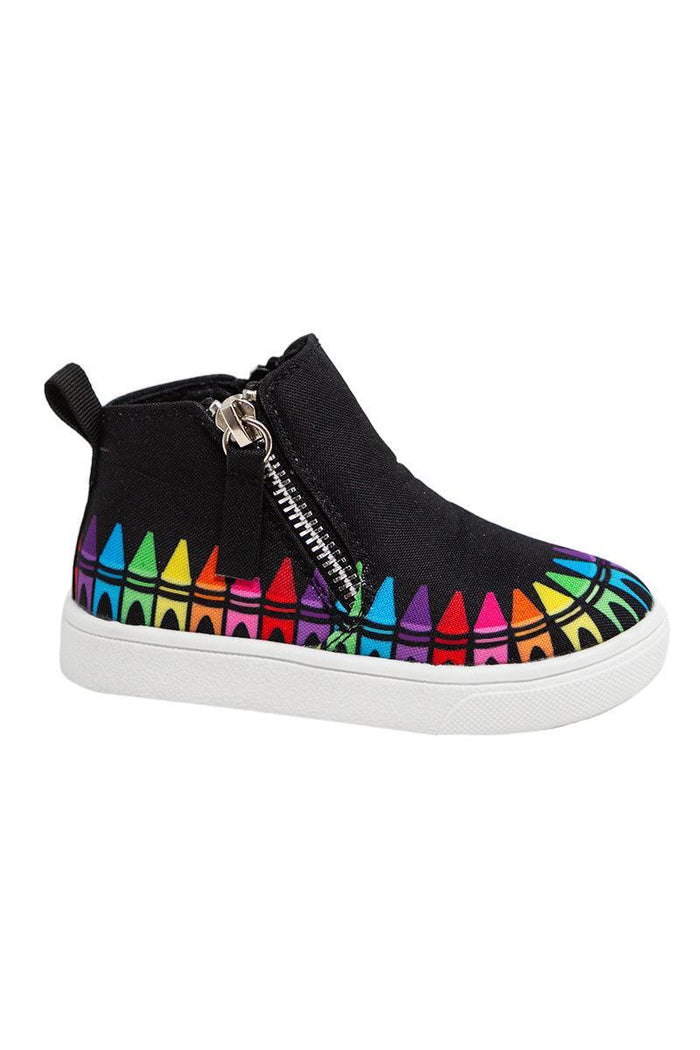 Rainbow Crayon Sneaker Booties - KIDS-8T - Black toddler sneaker booties with colorful rainbow crayon tip pattern and side zipper on white sole.