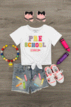 "Pre School - Sixth Grade" Crayon Denim Short Set | Sparkle in Pink