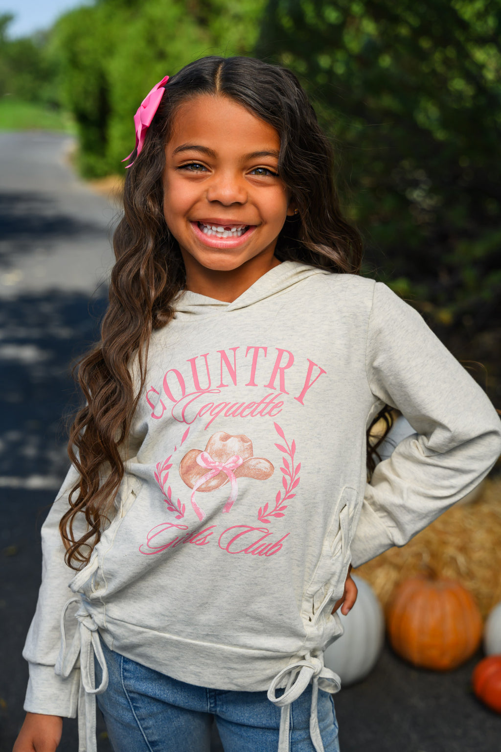 "Country Coquette Girls Club" Denim Flare Set - 6-12 Months - Gray hoodie with pink floral and "Country Coquette Girls Club" print, ruched sides, worn by girl.