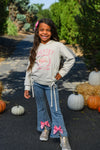 "Country Coquette Girls Club" Denim Flare Set - 6-12 Months - Gray long-sleeve sweatshirt with pink logo and side ties paired with blue denim flare jeans featuring pink bows at hems.