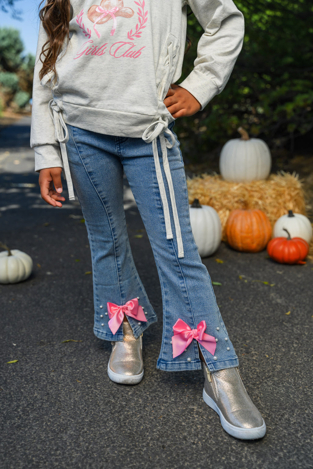 "Country Coquette Girls Club" Denim Flare Set - 6-12 Months - Gray denim girls' flare pants with pink bows at the ankles and subtle distressing.