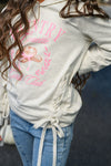 "Country Coquette Girls Club" Denim Flare Set - 6-12 Months - Gray long-sleeve sweatshirt with pink "Country Coquette Girls Club" text and floral graphic, side ruched ties, paired with.