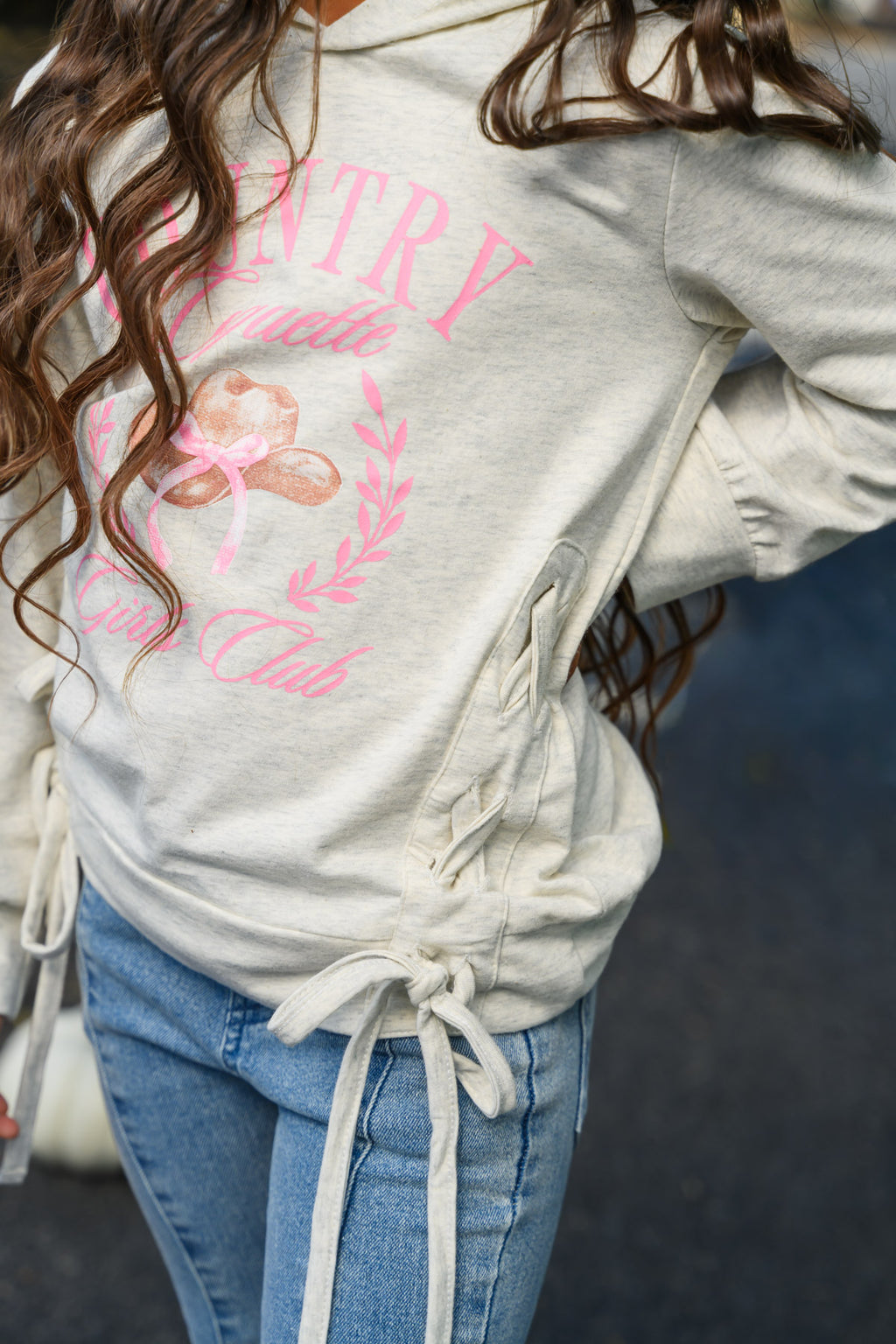 "Country Coquette Girls Club" Denim Flare Set - 6-12 Months - Gray long-sleeve sweatshirt with pink "Country Coquette Girls Club" text and floral graphic, side ruched ties, paired with.