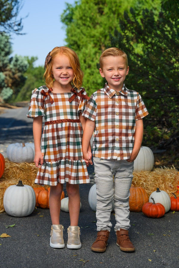 Green & Brown Checkered Top & Dress - Boy Or Girl - GIRL-6-12 Months-FAMILY - Green and brown checkered dress with ruffled sleeves and a flared skirt for girls, matching checkered collared shirt for.