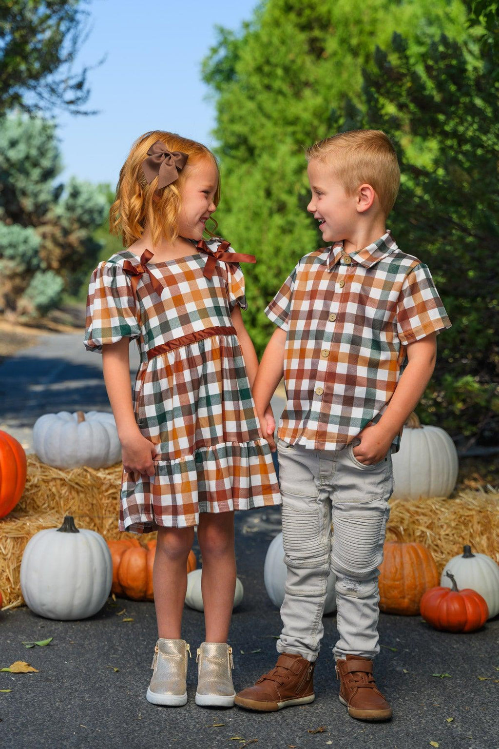 Green & Brown Checkered Top & Dress - Boy Or Girl - GIRL-6-12 Months-FAMILY - Green and brown plaid short-sleeve dress with a ruffle hem, paired with matching plaid short-sleeve button-up shirt and.