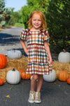Green & Brown Checkered Top & Dress - Boy Or Girl - GIRL-6-12 Months-FAMILY - Green and brown checkered short-sleeve dress with puffed sleeves and a tiered skirt on a child outdoors.