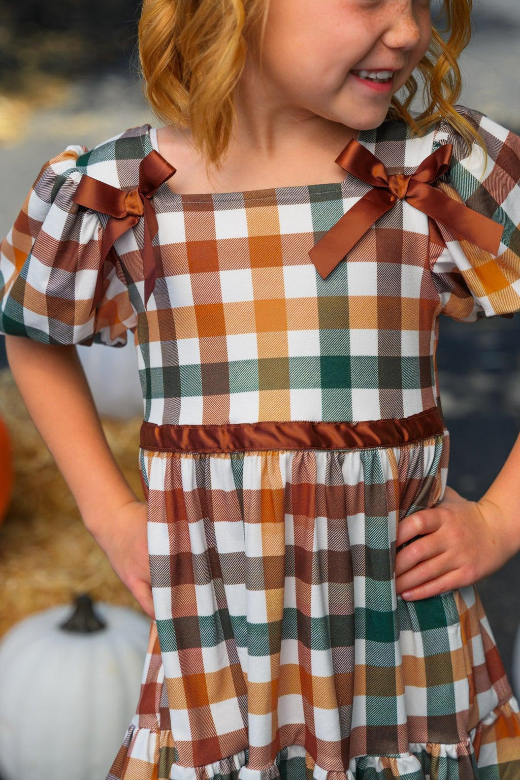 Green & Brown Checkered Top & Dress - Boy Or Girl - GIRL-6-12 Months-FAMILY - Green and brown checkered dress with puff sleeves and velvet waist detail for children.
