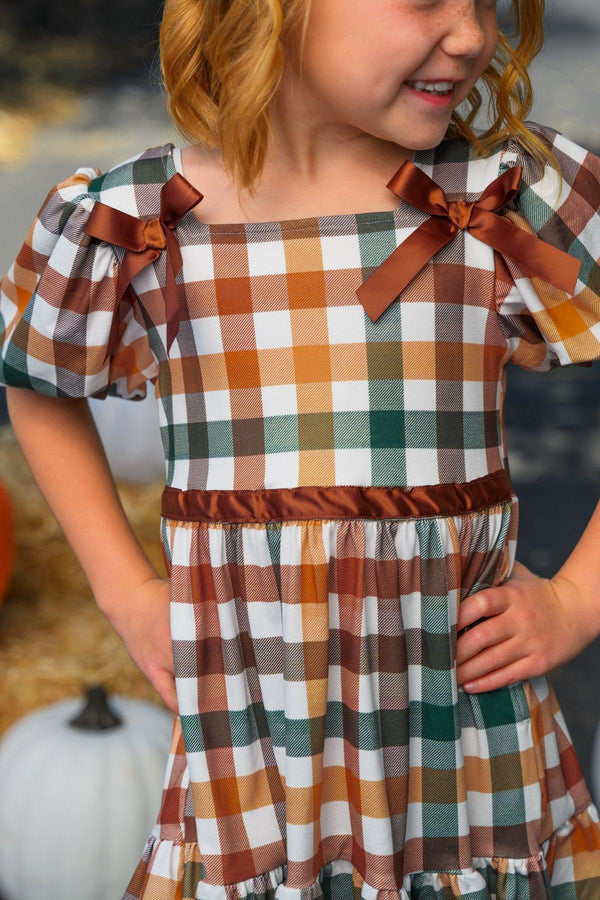 Green & Brown Checkered Top & Dress - Boy Or Girl - GIRL-6-12 Months-FAMILY - Green and brown checkered dress with puff sleeves and velvet waist detail for children.