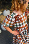 Green & Brown Checkered Top & Dress - Boy Or Girl - GIRL-6-12 Months-FAMILY - Green and brown checkered dress with puff sleeves and a gathered waist detail on child.