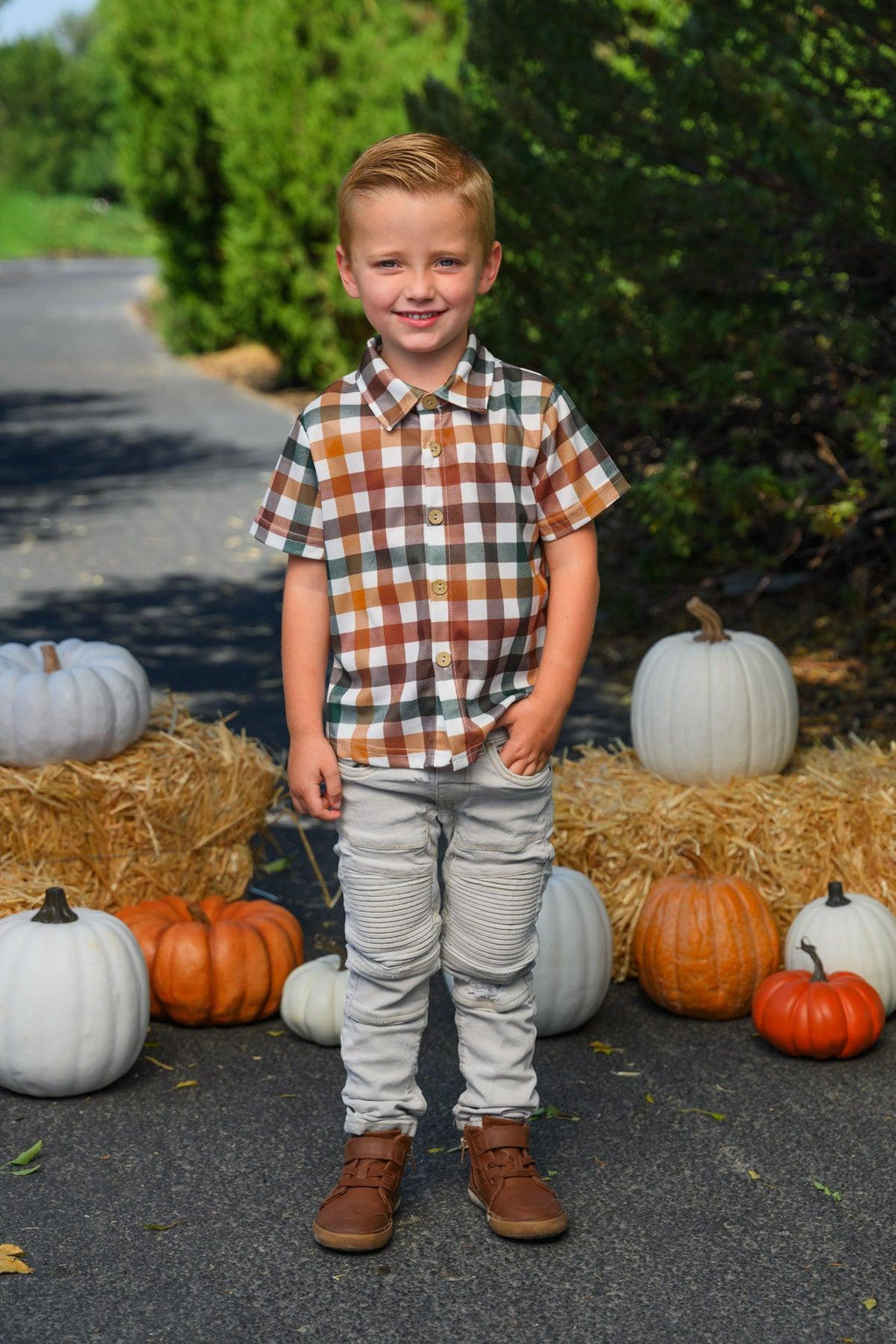 Green & Brown Checkered Top & Dress - Boy Or Girl - GIRL-6-12 Months-FAMILY - Green and brown checkered short-sleeve button-up top for children with collar and a relaxed fit.