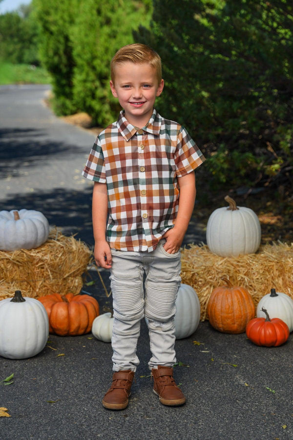Green & Brown Checkered Top & Dress - Boy Or Girl - GIRL-6-12 Months-FAMILY - Green and brown checkered short-sleeve button-up top for children with collar and a relaxed fit.
