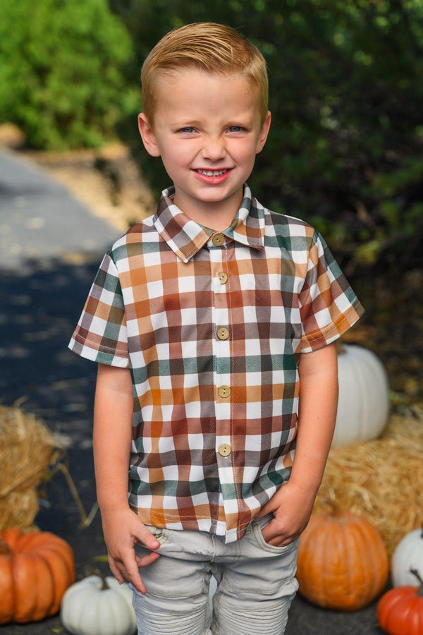 Green & Brown Checkered Top & Dress - Boy Or Girl - GIRL-6-12 Months-FAMILY - Short-sleeve button-up shirt with green, brown, and white checkered pattern on a boy.