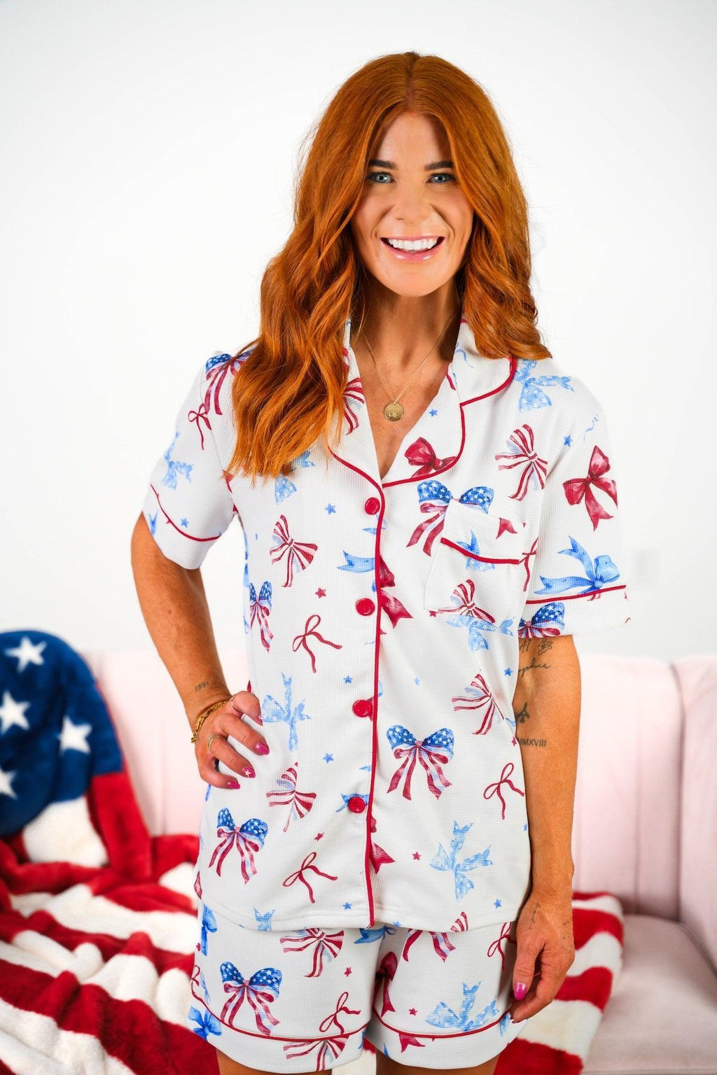 Mom & Me - Patriotic Bow Waffle Knit Pajamas