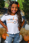 "Spooky Season" Bow Denim Pant Set - 6-12 Months - White short-sleeve shirt with scalloped edges and orange "spooky season" text paired with light blue denim pants and an.