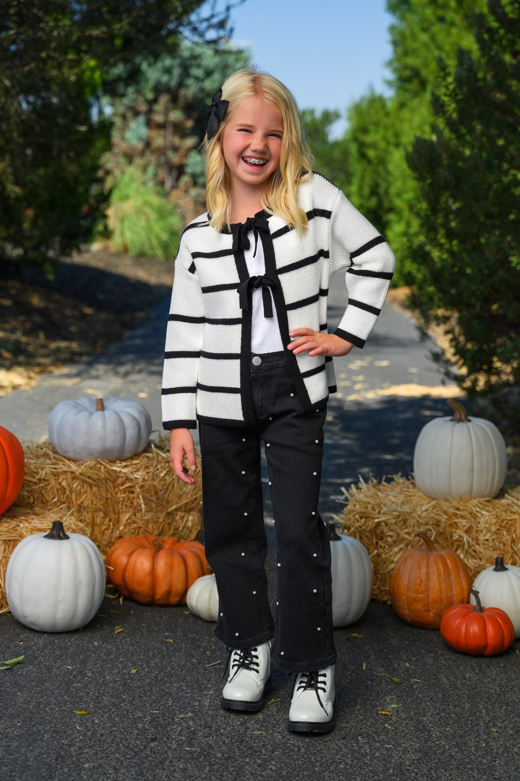 Striped Sweater Cardigan Denim Pant Set - 6-12 Months - White and black horizontal striped cardigan with black tie closures, paired with black denim pants featuring small white.