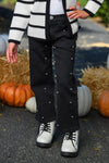 Striped Sweater Cardigan Denim Pant Set - 6-12 Months - Black denim pants with silver studs down the legs paired with a white sweater cardigan with wide black horizontal stripes.