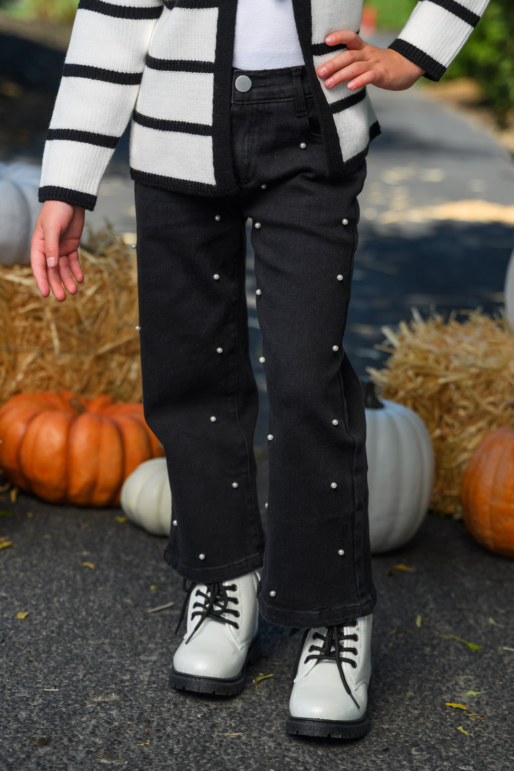 Striped Sweater Cardigan Denim Pant Set - 6-12 Months - Black denim pants with silver studs down the legs paired with a white sweater cardigan with wide black horizontal stripes.