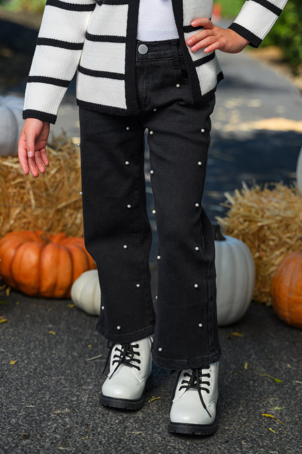 Striped Sweater Cardigan Denim Pant Set - 6-12 Months - Black denim pants with silver studs down the legs paired with a white sweater cardigan with wide black horizontal stripes.