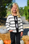 Striped Sweater Cardigan Denim Pant Set - 6-12 Months - White cardigan with black horizontal stripes and front black accents paired with dark denim pants featuring small white.