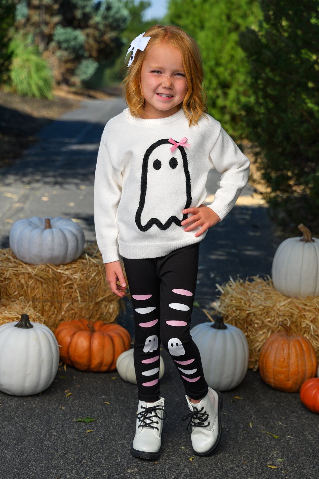 Ghost Pant Set - Boy Or Girl - GIRL-6-12 Months-FAMILY - Cream long-sleeve sweatshirt with a black ghost graphic and black leggings featuring pink and white distressed holes.